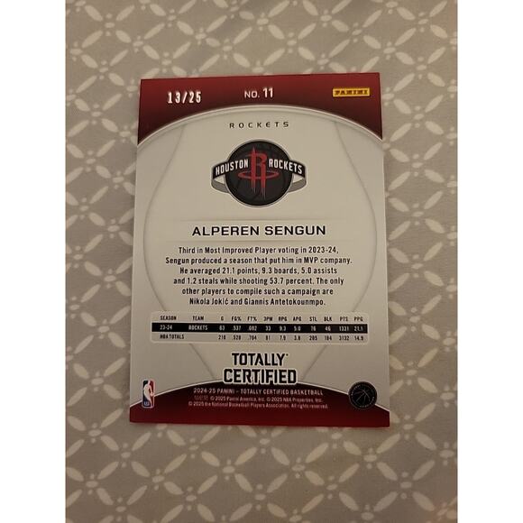 Alperen Sengun 2024-25 Panini Totally Certified #11 - Mirror White Platinum /25 - Picture 3 of 4